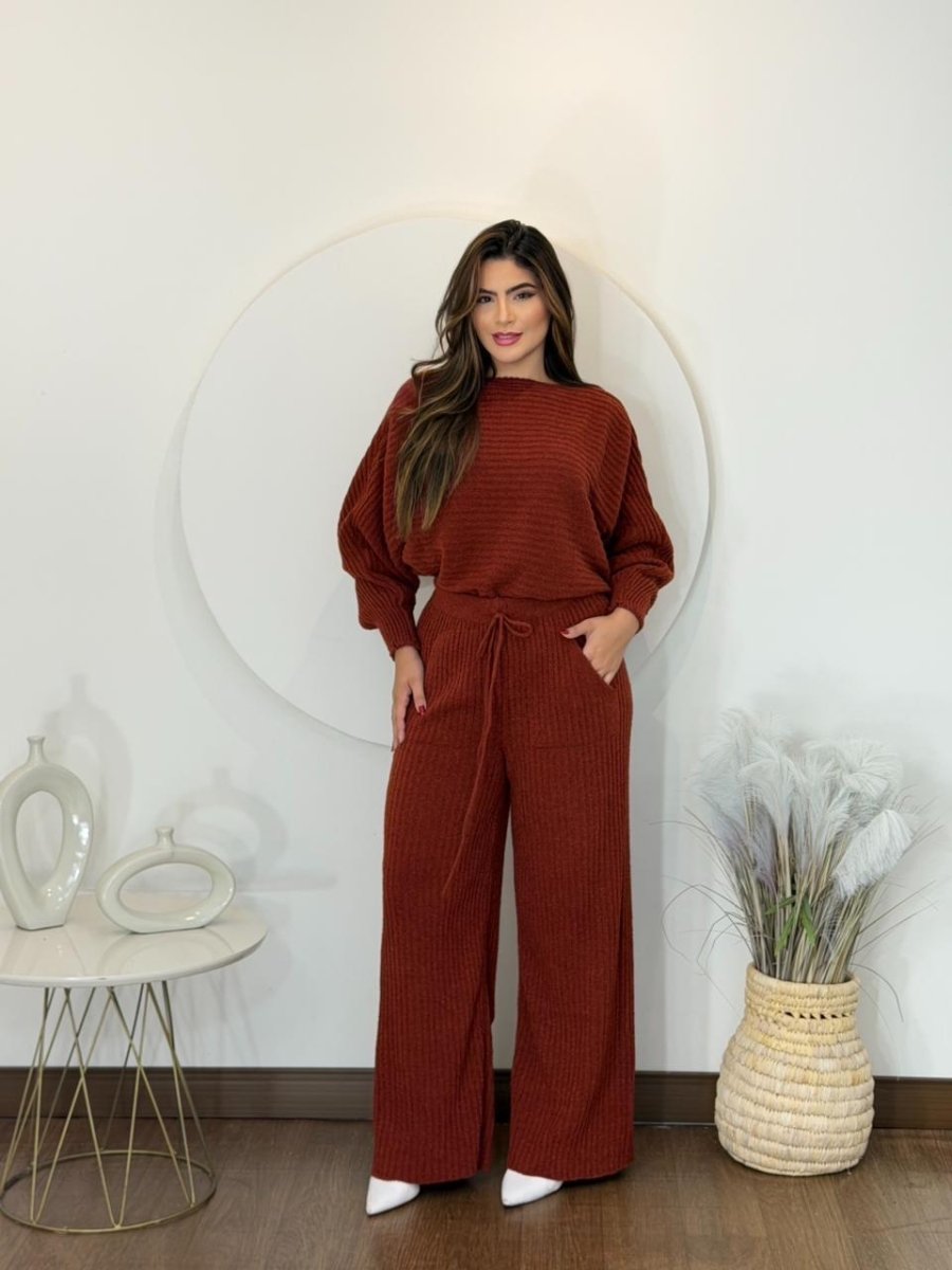 Conjunto Feminino de Tricot Mousse Premium Blusa Morcego e Calça Pantalona Casual Inverno - Tricote Modas