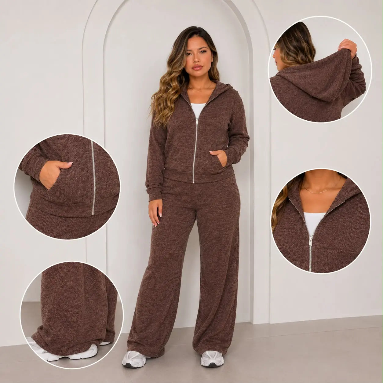 (Kit com 3) Conjunto Feminino em Malha Ribana com Capuz [LIQUIDAÇÃO DE INVERNO]