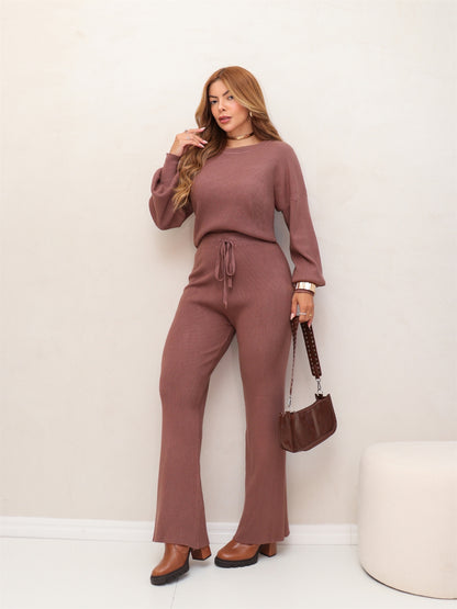 Conjunto Feminino Tricot Blusa Manga Longa e Calça Pantalona Elegante Confortável Inverno 3RD SD2008