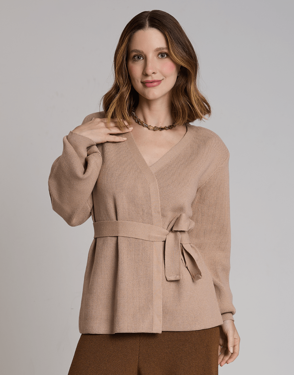 Casaco de Tricot com Faixa Softline Bege - Tricote Modas