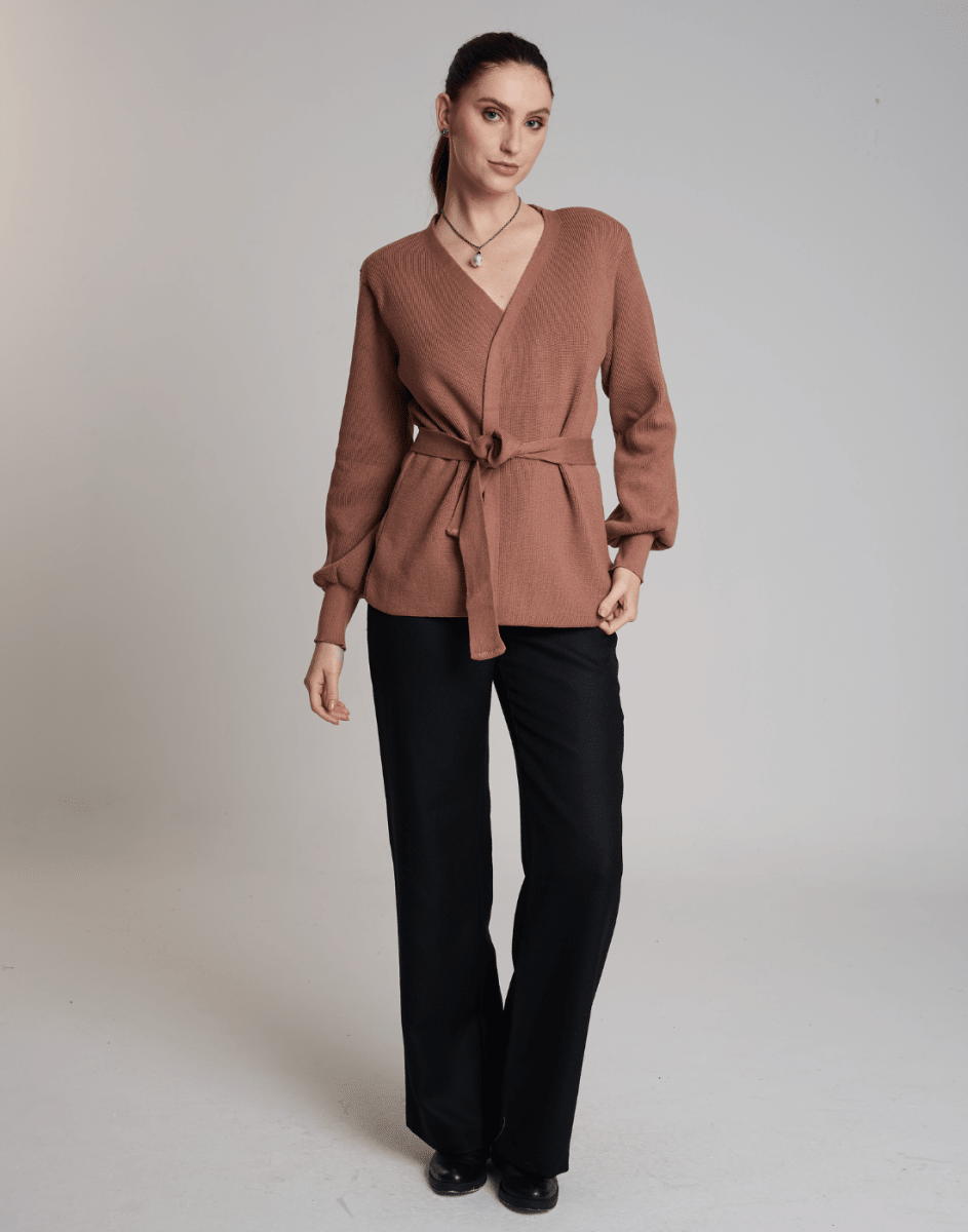 Casaco de Tricot com Faixa Softline Bege Aurora - Tricote Modas
