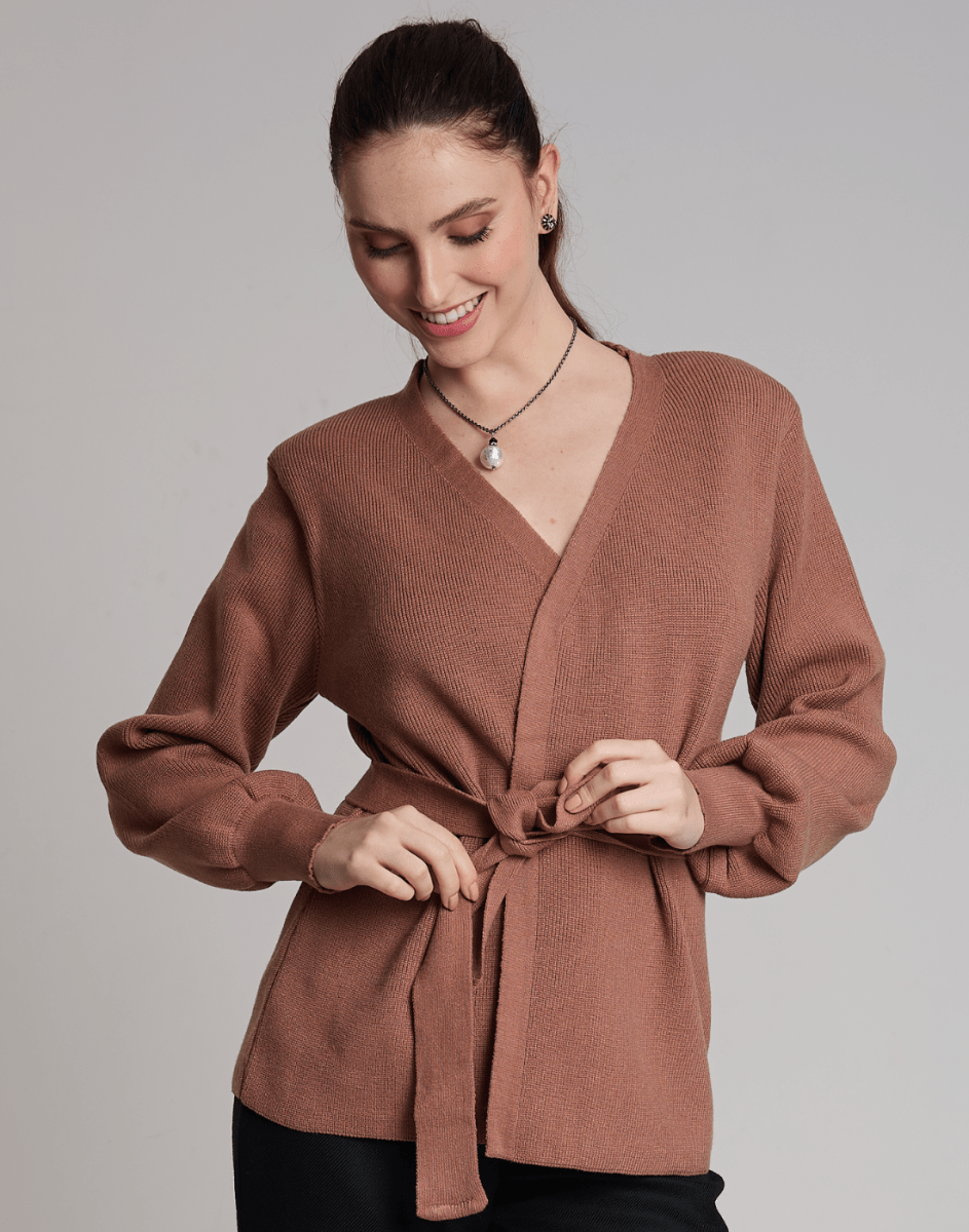 Casaco de Tricot com Faixa Softline Bege Aurora - Tricote Modas