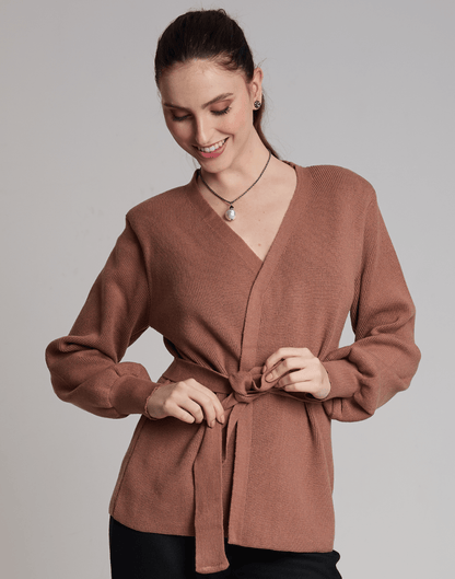 Casaco de Tricot com Faixa Softline Bege Aurora - Tricote Modas