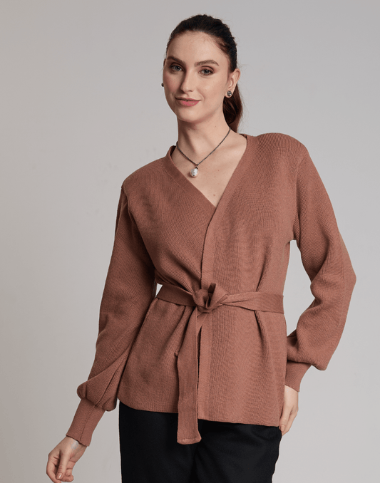 Casaco de Tricot com Faixa Softline Bege Aurora - Tricote Modas