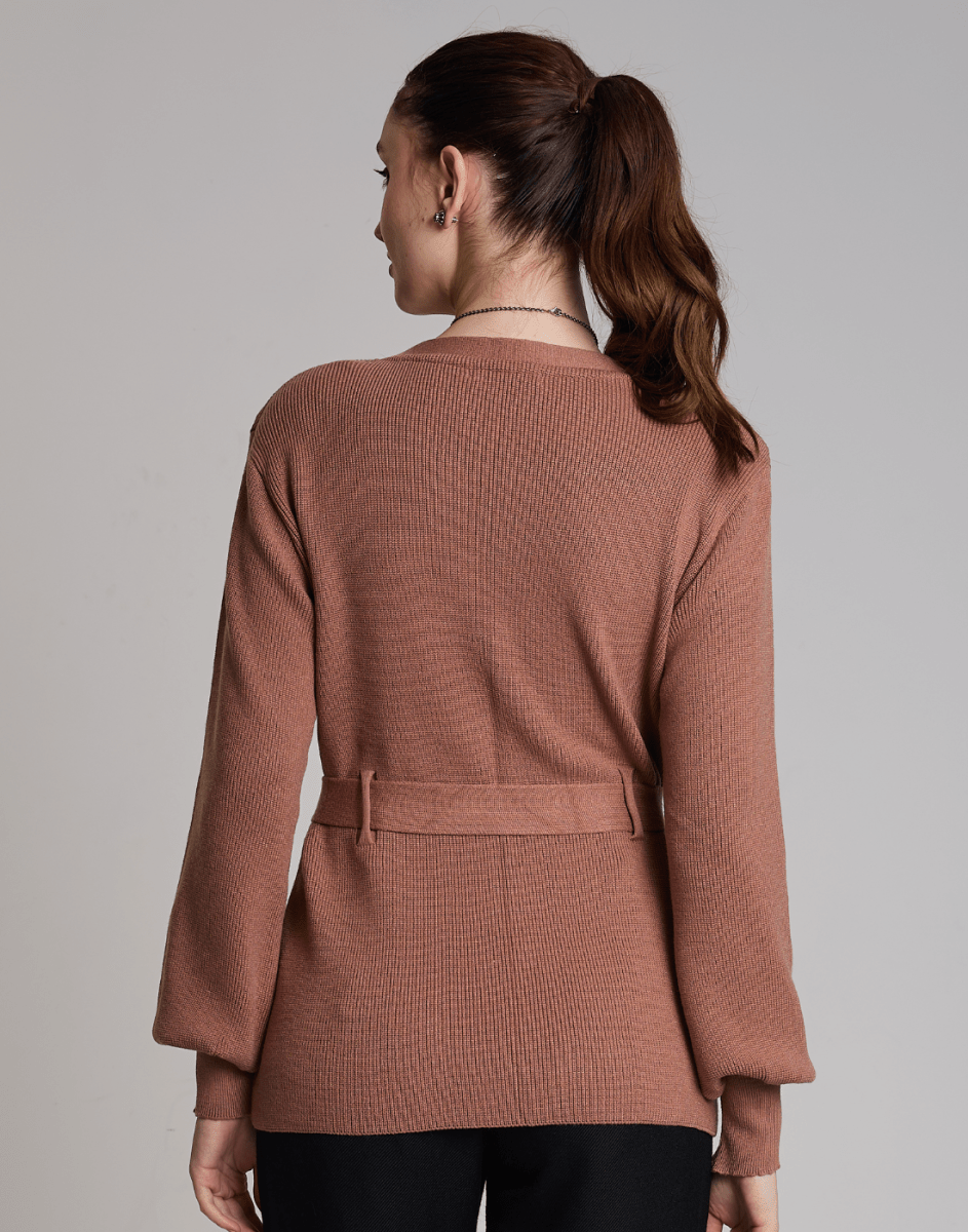 Casaco de Tricot com Faixa Softline Bege Aurora - Tricote Modas