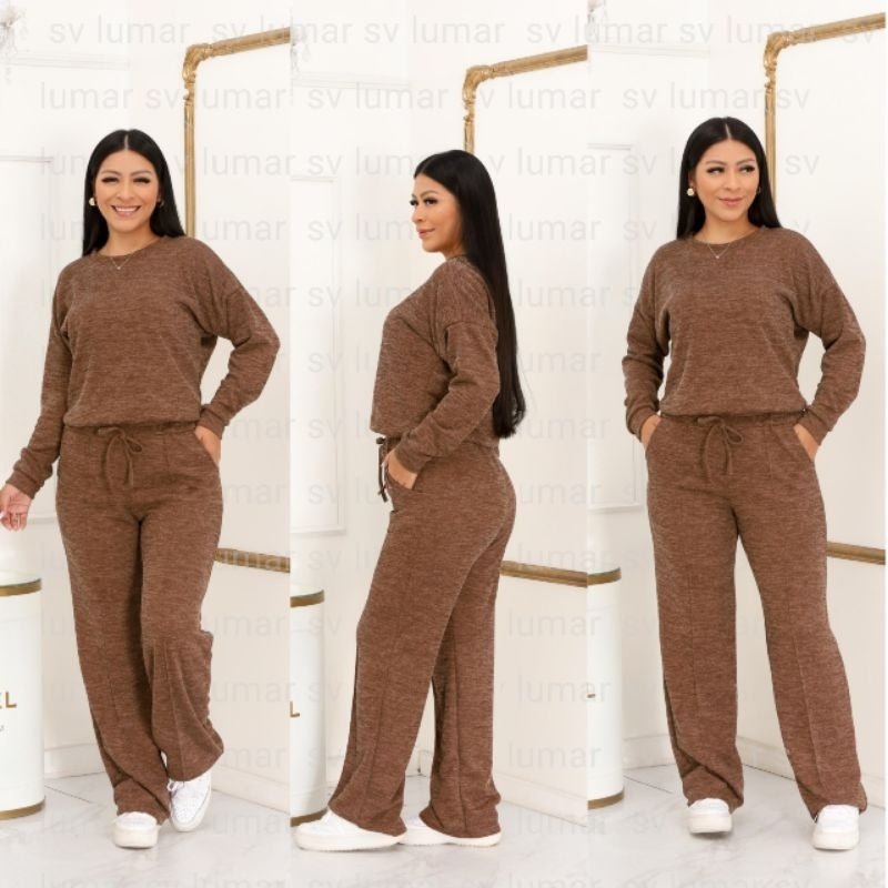 Conjunto Femenino Lanzinha Ribi canelada 2 Peças Blusa e Pantalona plus size - Tricote Modas