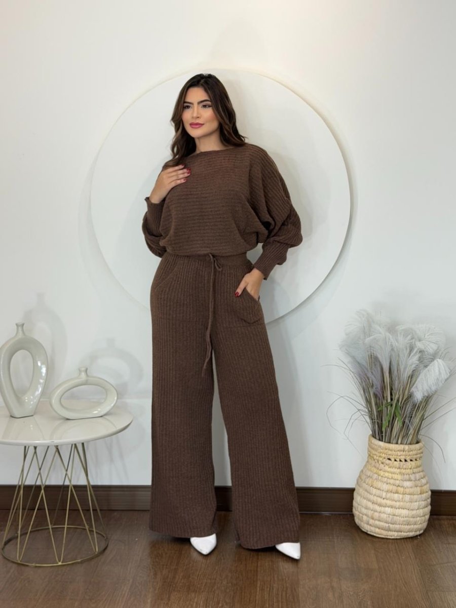 Conjunto Feminino de Tricot Mousse Premium Blusa Morcego e Calça Pantalona Casual Inverno - Tricote Modas