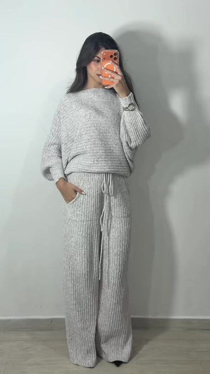 Conjunto Feminino de Tricot Mousse Premium Blusa Morcego e Calça Pantalona Casual Inverno - Tricote Modas