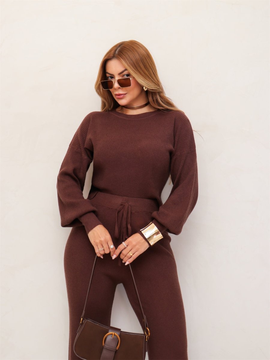 Conjunto Feminino Tricot Blusa Manga Longa e Calça Pantalona Elegante Confortável Inverno 3RD SD2008 - Tricote Modas