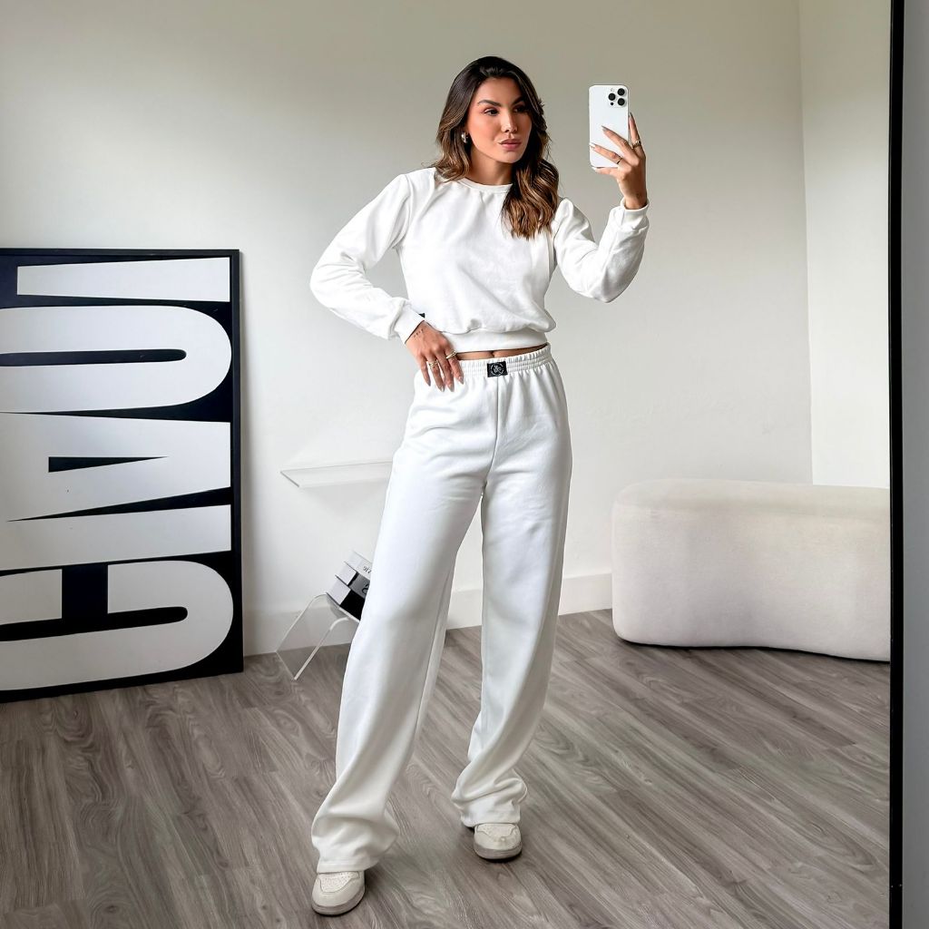 Conjunto Moletom Feminino Blusa manga longa Flanelado liso cropped+ calça pantalona conjunto feminino de frio - Tricote Modas