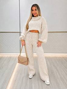 Conjunto Tricot Mousse Feminino Cropped Gola Alta Inverno Estiloso Calça Pantalona Canelada Exclusivo - Tricote Modas