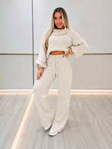 Conjunto Tricot Mousse Feminino Cropped Gola Alta Inverno Estiloso Calça Pantalona Canelada Exclusivo - Tricote Modas