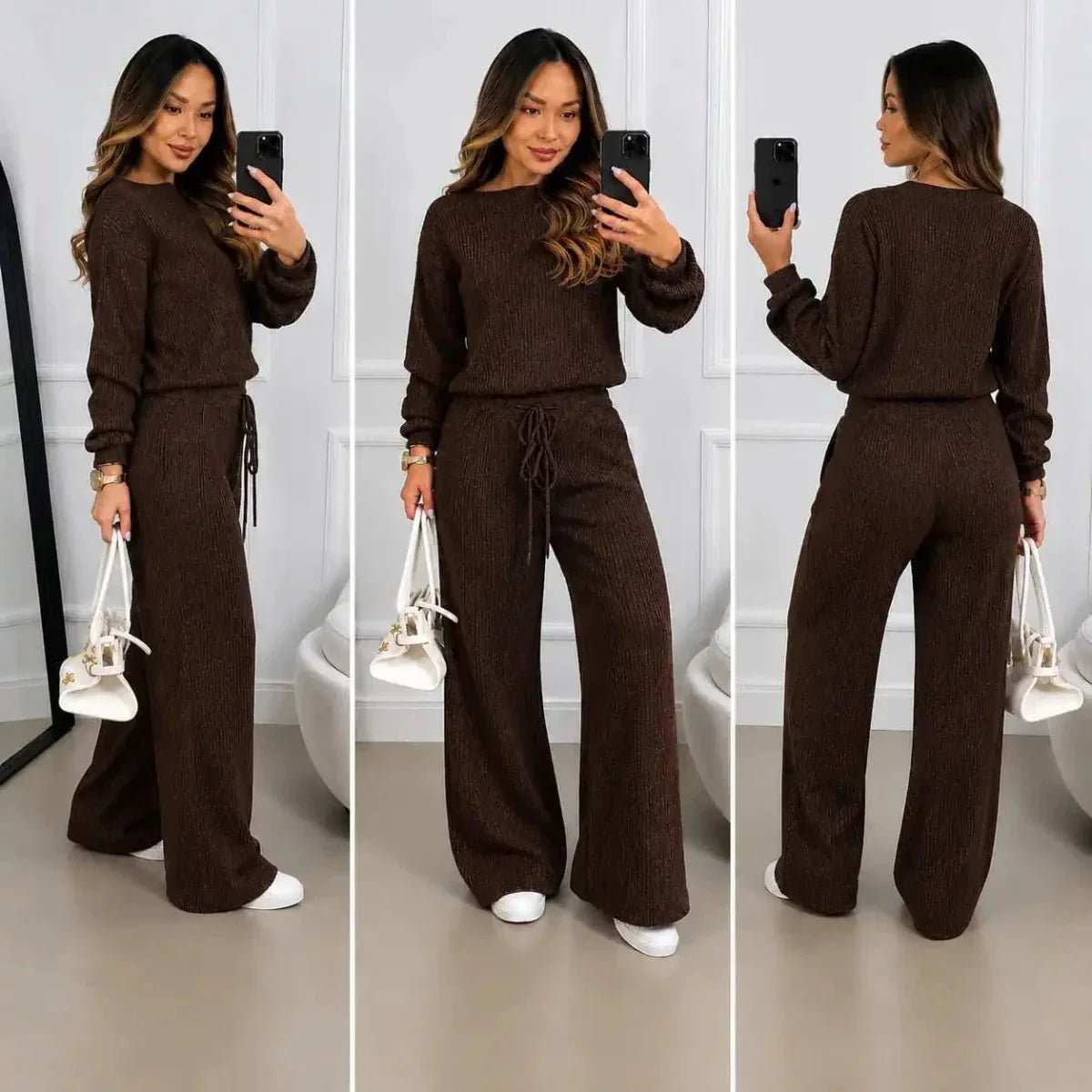 Kit 2 Conjuntos Feminino Canelado em Tricot (Blusa + Calça) - Tricote Modas