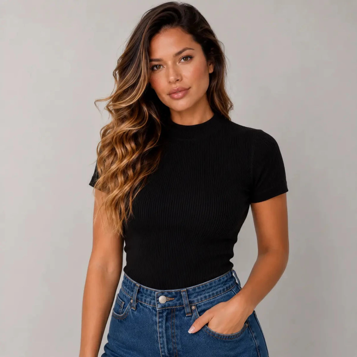 Blusa Femininas Caneladas Gola Média Preta