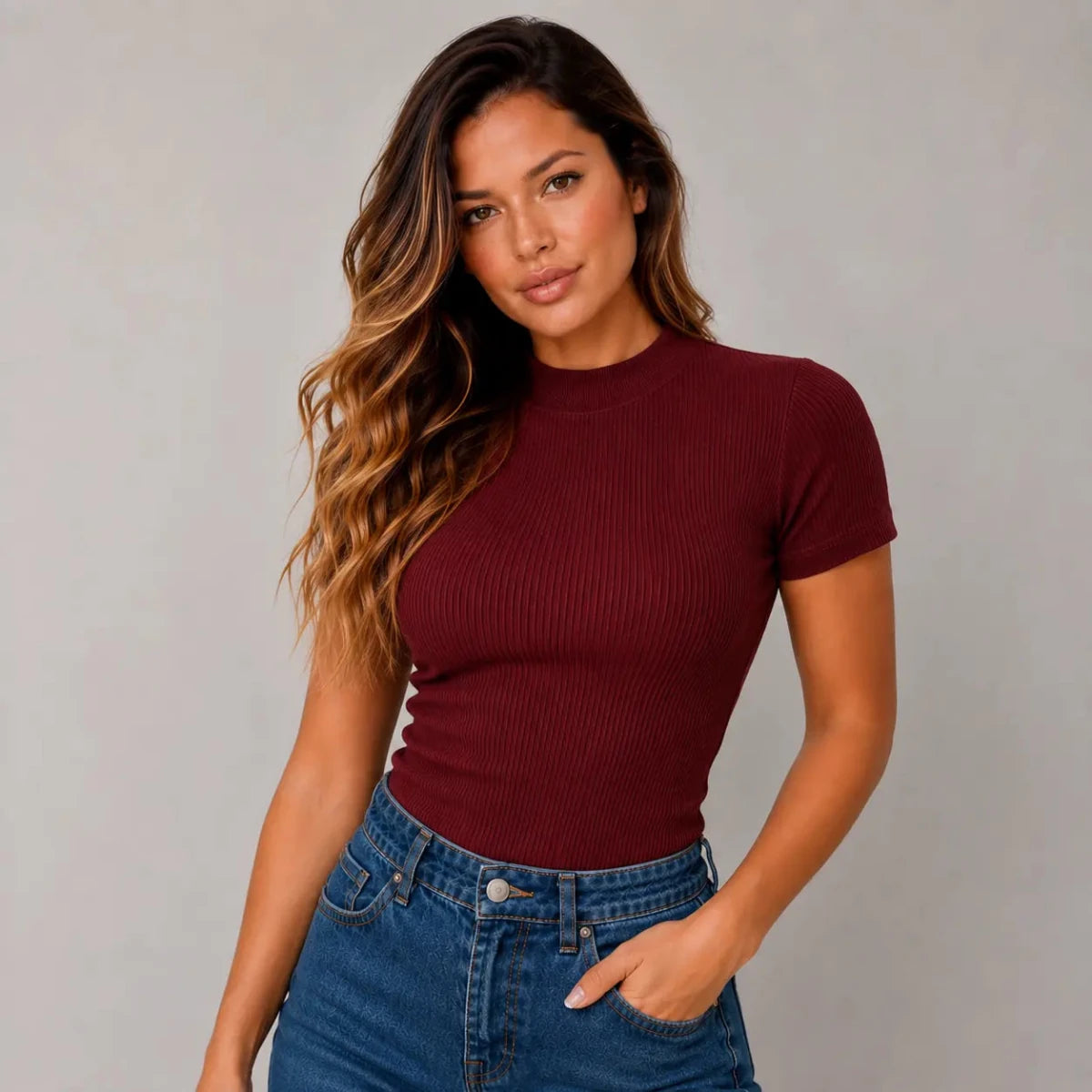 Blusa Femininas Caneladas Gola Média Marsalla