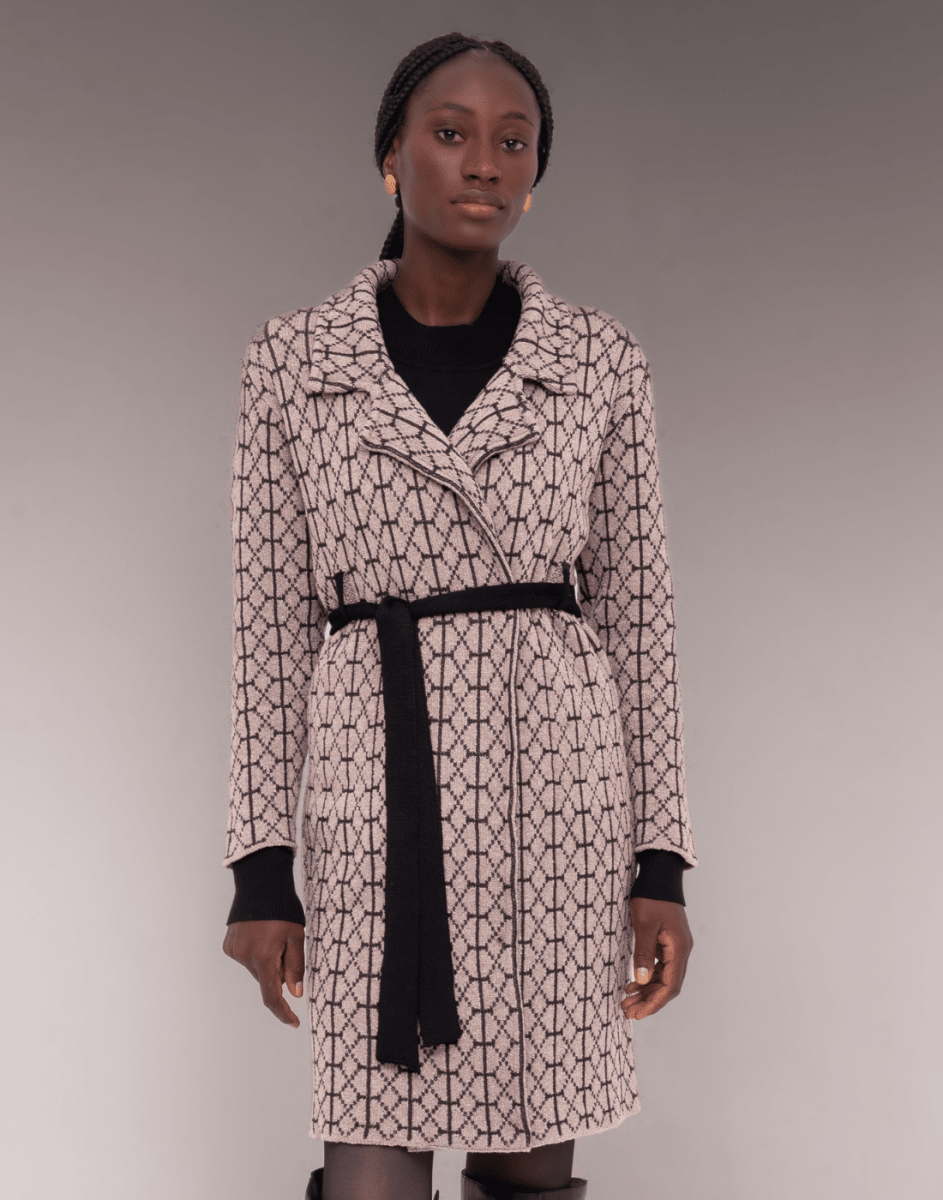 Trench Coat Mousse Geométrico Bege e Preta - Tricote Modas