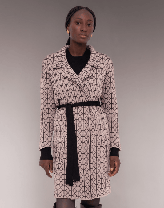 Trench Coat Mousse Geométrico Bege e Preta - Tricote Modas