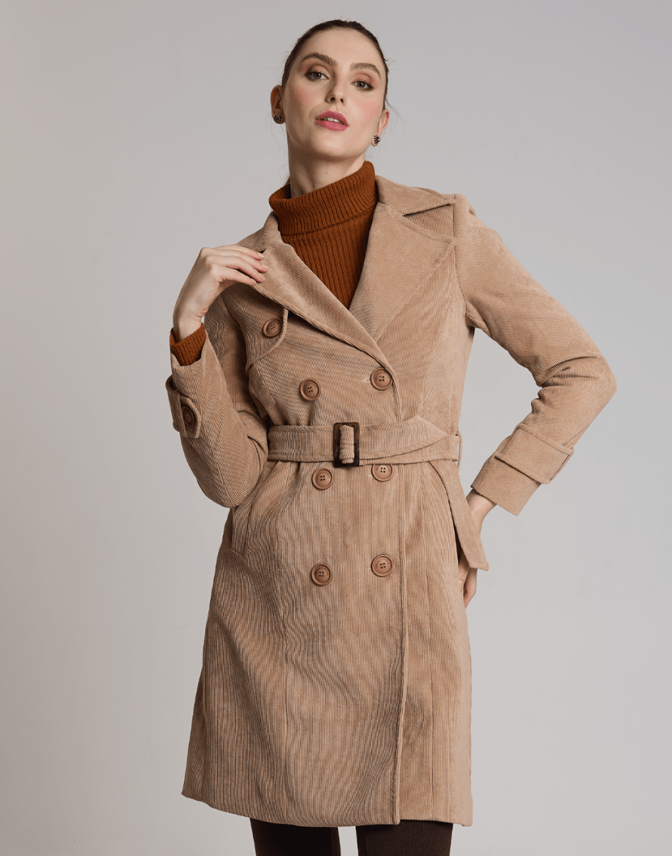 Trench Coat Veludo Cotelê Bege - Tricote Modas